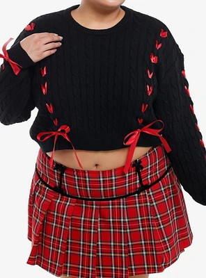 Social Collision Black Cable Knit Red Ribbon Crop Girls Sweater Plus