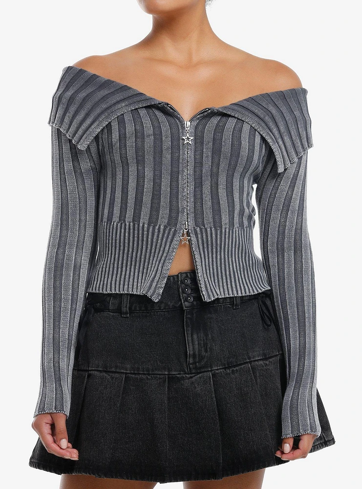 Social Collision Grey Washed Off-Shoulder Girls Zip Cardigan