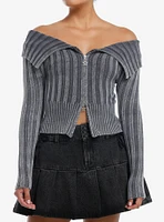 Social Collision Grey Washed Off-Shoulder Girls Zip Cardigan