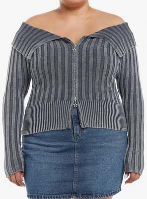 Social Collision Grey Washed Off-Shoulder Girls Zip Cardigan Plus