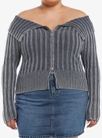 Social Collision Grey Washed Off-Shoulder Girls Zip Cardigan Plus