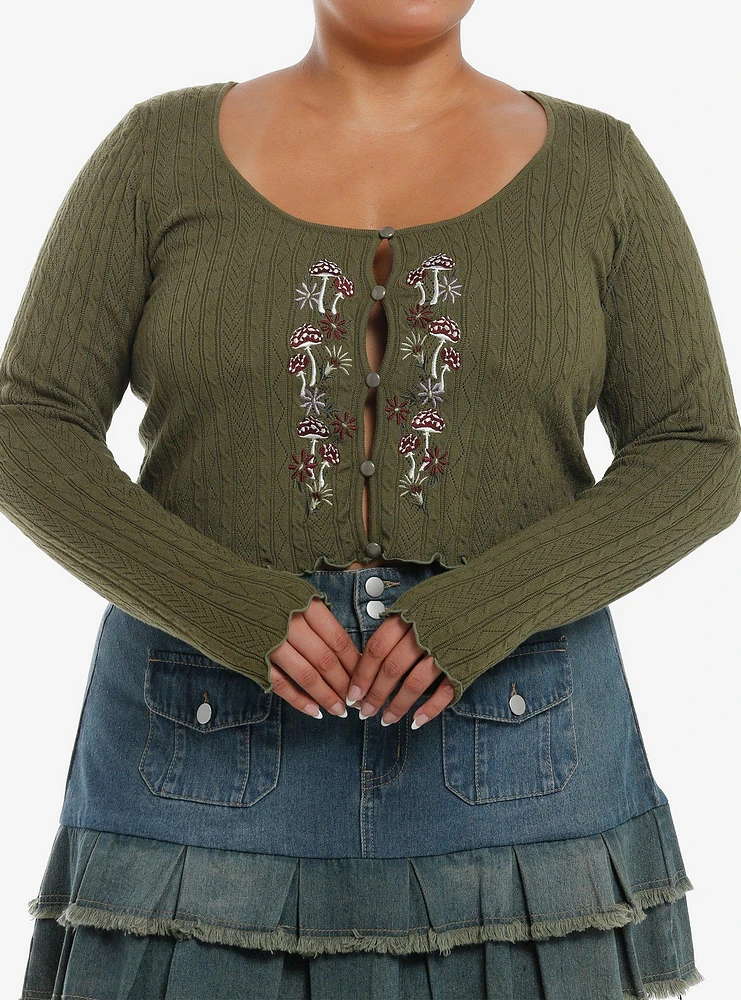 Thorn & Fable Olive Mushroom Girls Crop Cardigan Plus