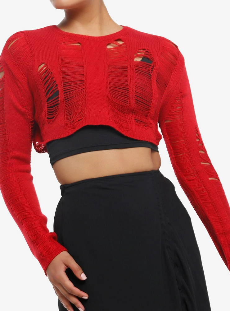 Social Collision Red Distressed Bolero Girls Crop Shrug