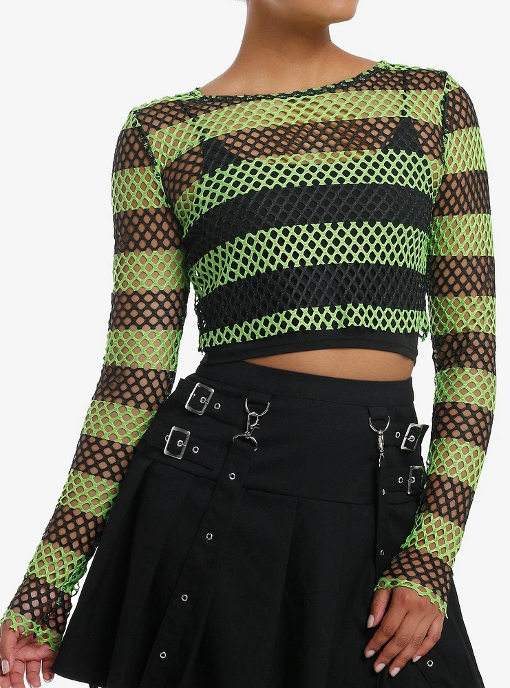 Social Collision Black & Green Fishnet Girls Crop Long-Sleeve Top