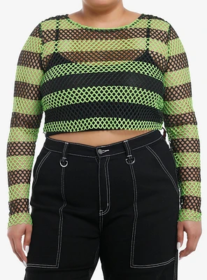 Social Collision Black & Green Fishnet Girls Crop Long-Sleeve Top Plus