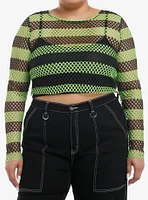 Social Collision Black & Green Fishnet Girls Crop Long-Sleeve Top Plus