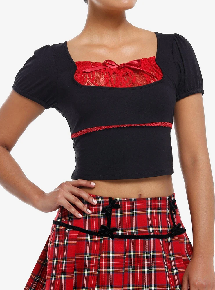 Social Collision Black & Red Lace Girls Crop Top