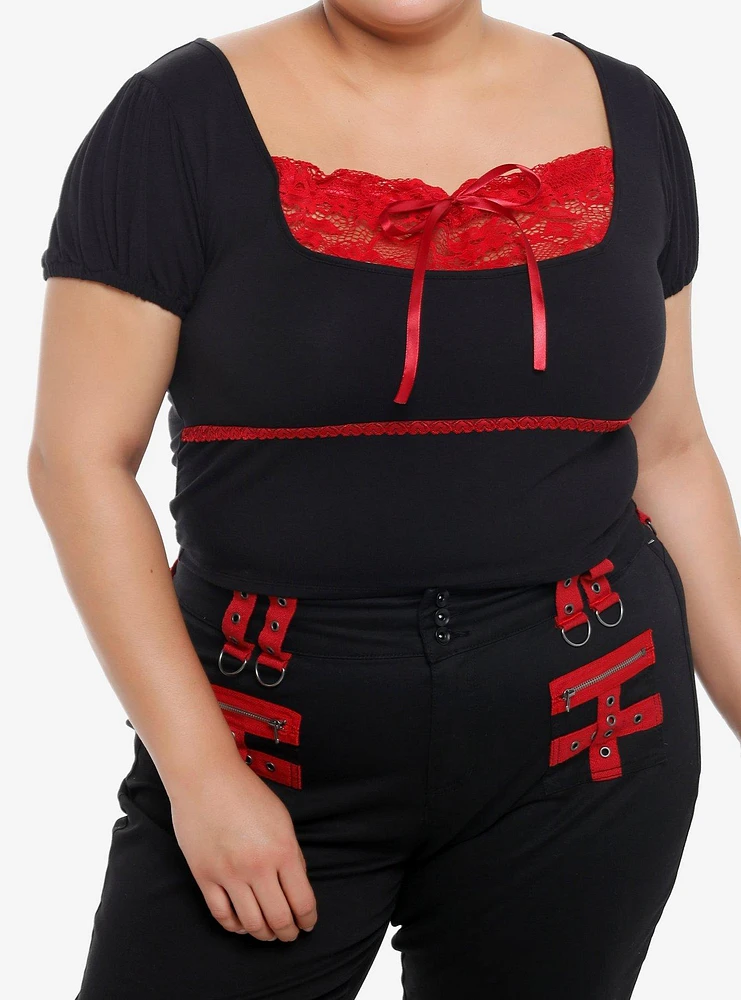 Social Collision Black & Red Lace Girls Crop Top Plus