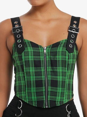 Social Collision Green & Black Plaid Grommet Zip-Front Girls Corset