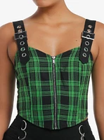 Social Collision Green & Black Plaid Grommet Zip-Front Girls Corset