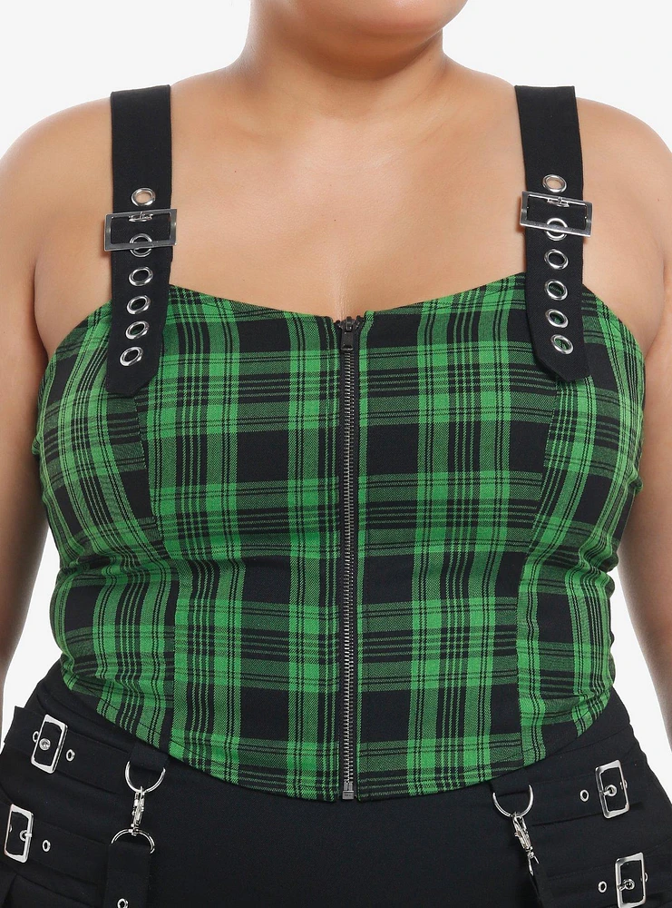 Social Collision Green & Black Plaid Grommet Zip-Front Girls Corset Plus