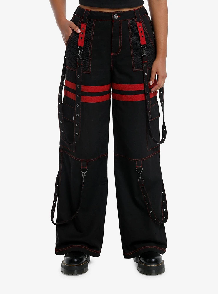 Black & Red Grommet Suspender Wide Leg Pants