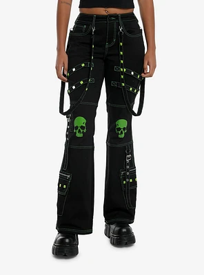 Black & Green Skull Stud Strap Flare Pants