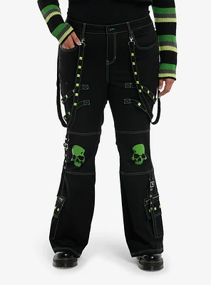 Black & Green Skull Stud Strap Flare Pants Plus