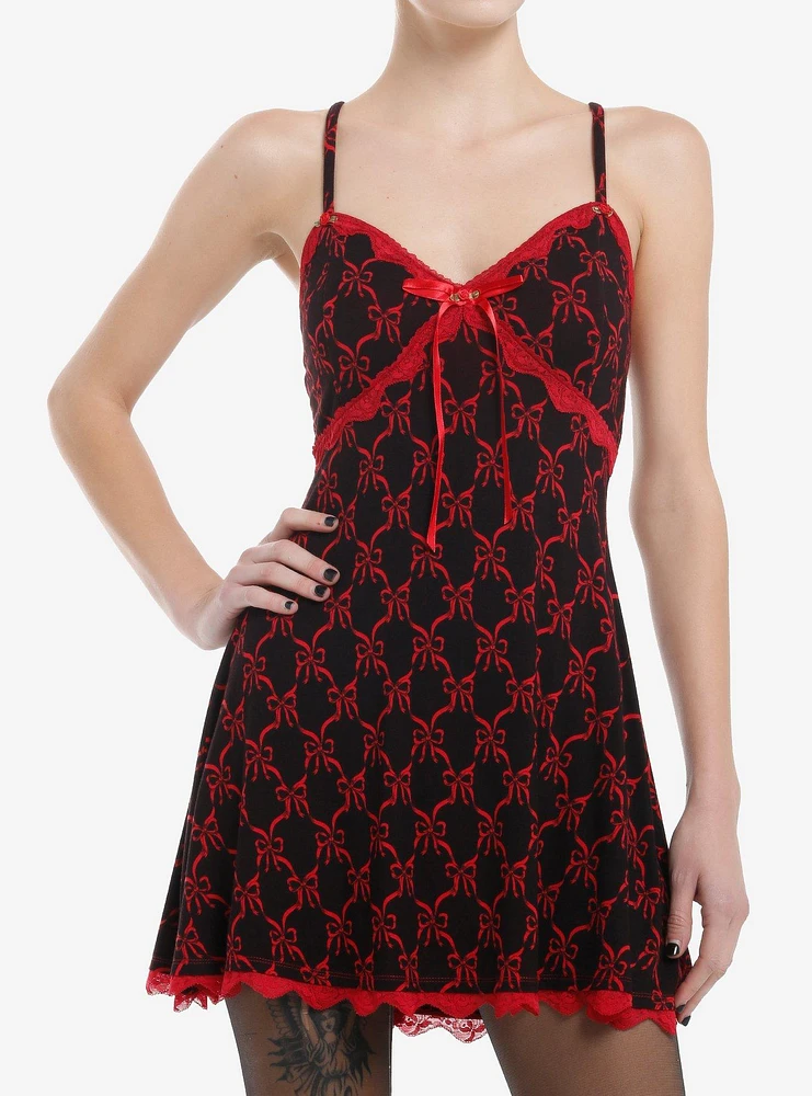 Social Collision Red Bow & Lace Black Cami Dress