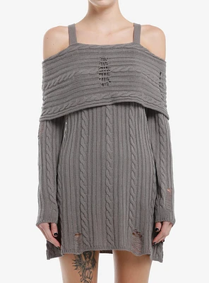 Social Collision Grey Cable Knit Destructed Cold Shoulder Sweater Dress