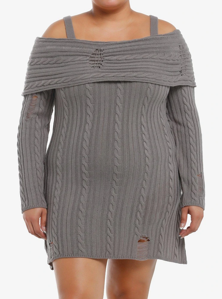 Social Collision Grey Cable Knit Destructed Cold Shoulder Sweater Dress Plus