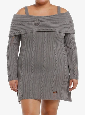 Social Collision Grey Cable Knit Destructed Cold Shoulder Sweater Dress Plus