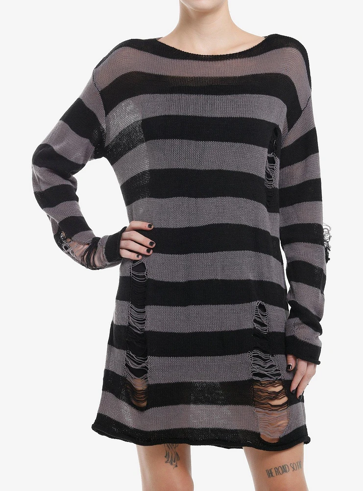 Social Collision Grey & Black Stripe Distressed Sweater Dress