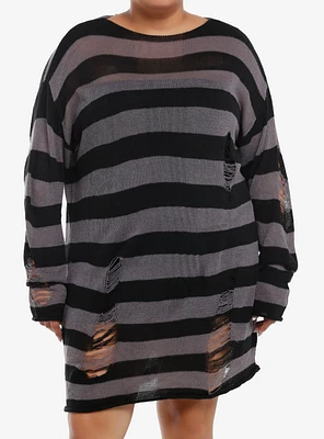 Social Collision Grey & Black Stripe Distressed Sweater Dress Plus