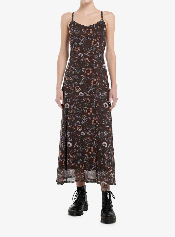 Thorn & Fable Brown Mushrooms Flowers Maxi Dress