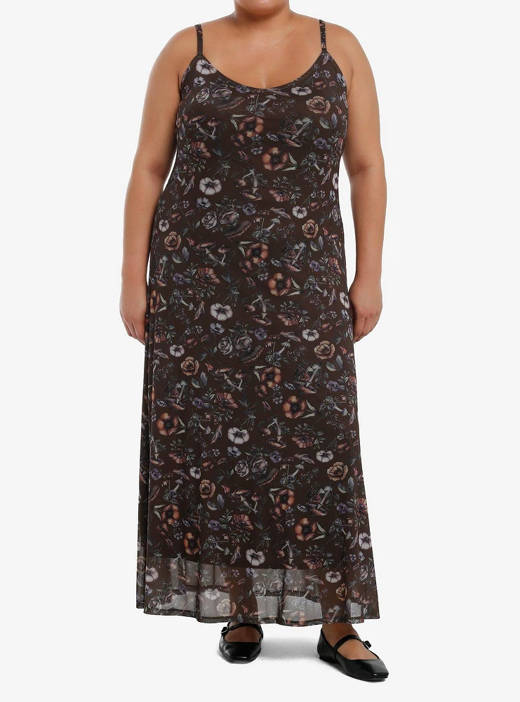 Thorn & Fable Brown Mushrooms Flowers Maxi Dress Plus