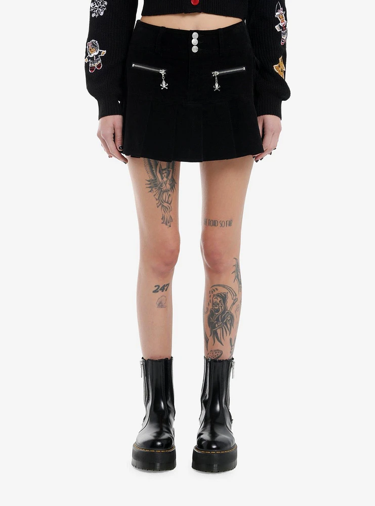 Social Collision Black Corduroy Skull Zipper Pleated Mini Skirt