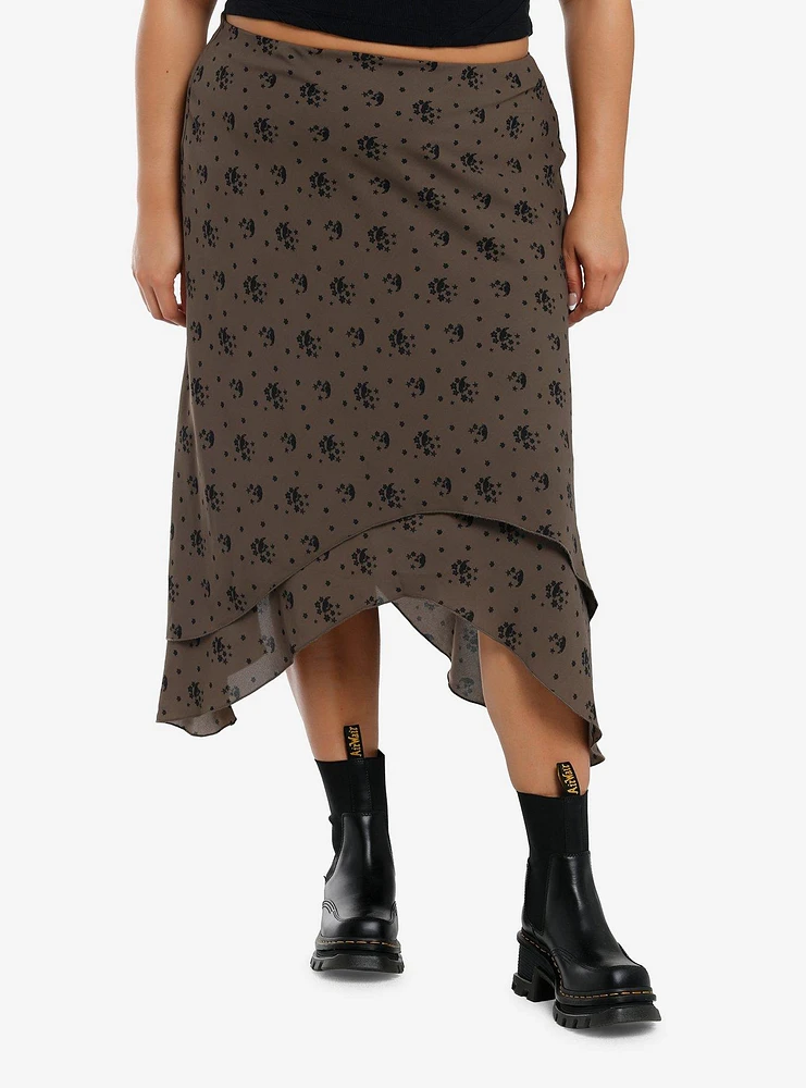 Social Collision Brown & Black Daisies Shark Bite Skirt Plus