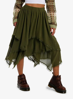 Thorn & Fable Green Tiered Hanky Hem Midi Skirt