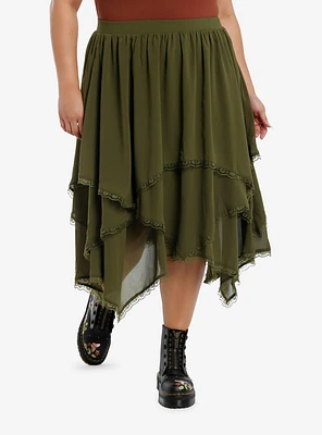 Thorn & Fable Green Tiered Hanky Hem Midi Skirt Plus