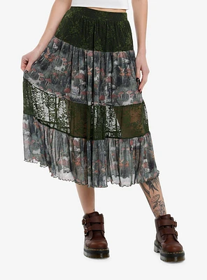 Thorn & Fable Unicorns Mushrooms Green Lace Sheer Midi Skirt