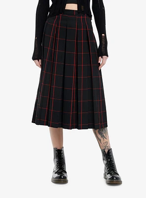 Social Collision Black & Red Windowpane Plaid Pleated Midi Skirt