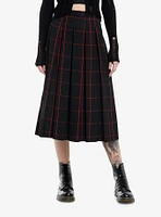 Social Collision Black & Red Windowpane Plaid Pleated Midi Skirt