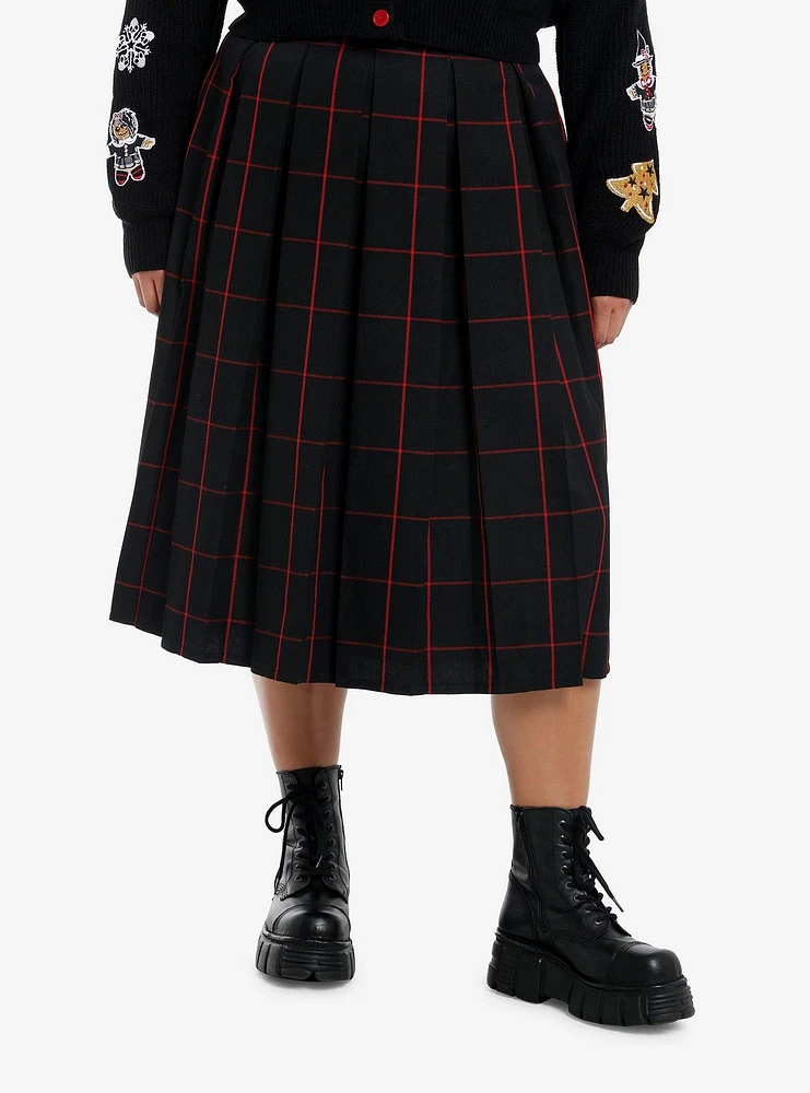 Social Collision Black & Red Windowpane Plaid Pleated Midi Skirt Plus