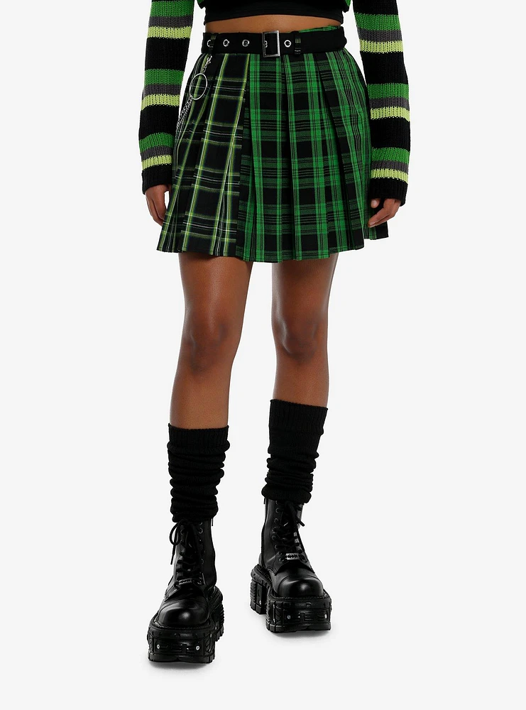 Social Collision Green Plaid Side Chain Skirt With Belt