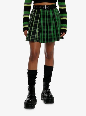 Social Collision Green Plaid Side Chain Skirt With Belt