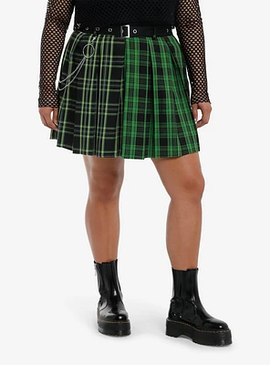 Social Collision Green Plaid Side Chain Skirt With Belt Plus