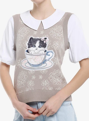 Thorn & Fable Teacup Cat Vest Twofer Girls Top