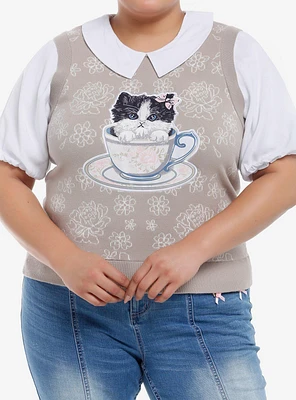 Thorn & Fable Teacup Cat Vest Twofer Girls Top Plus