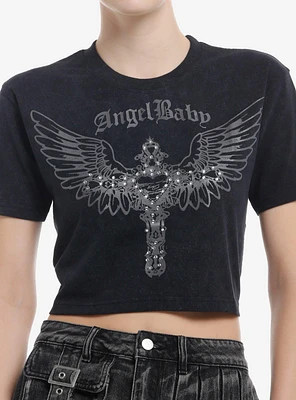 Social Collision Angel Baby Rhinestone Winged Heart Girls T-Shirt