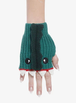 Green Dinosaur Biting Fingerless Gloves