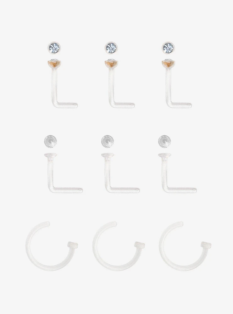 Plastic Bling Retainer Nose Stud & Hoop 9 Pack