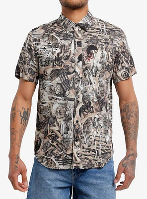 Thorn & Fable Winged Skeletons Anatomical Illustrations Woven Button-Up