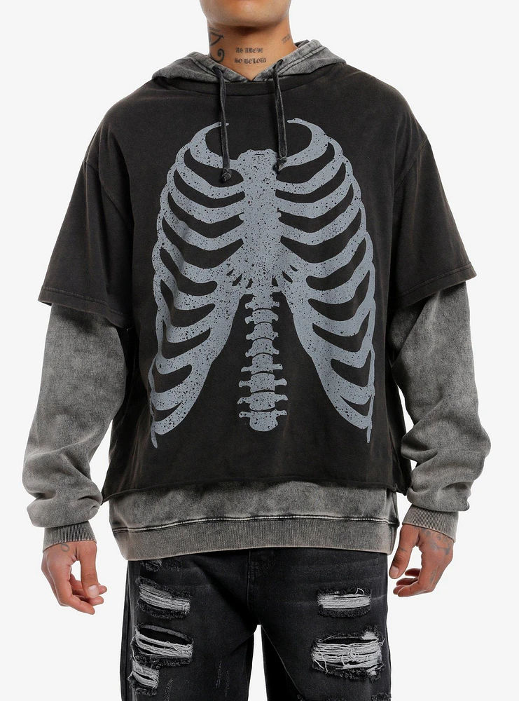 Rib Cage Grey Wash Oversized Twofer Hoodie