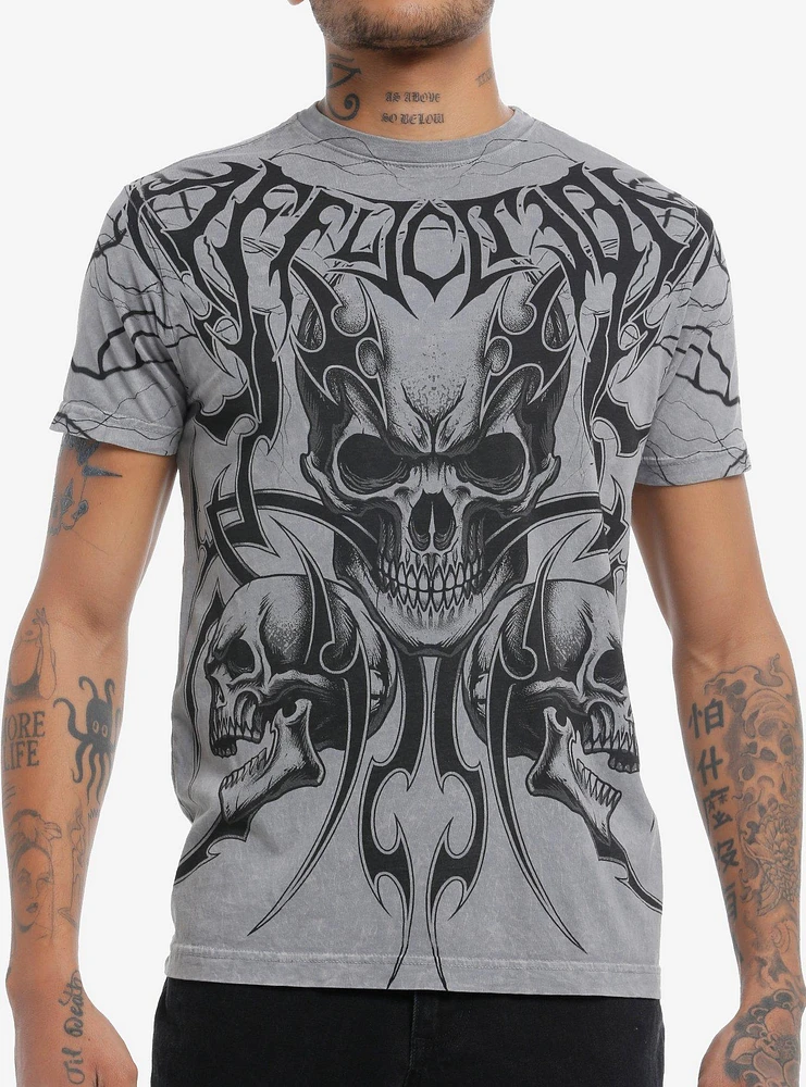 Affliction Tribal Skull Trio Grey Wash T-Shirt