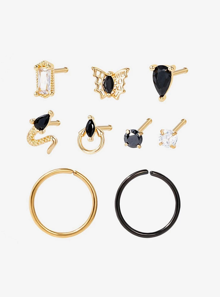 Steel Gold & Black Snake Gem Nose Stud Hoop 9 Pack