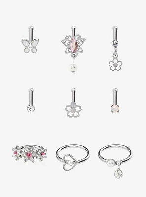 Steel Sakura Heart Butterfly Nose Stud & Hoop 9 Pack