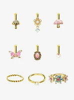 Steel Gold Pink Mushroom & Flower Nose Stud Hoop 9 Pack