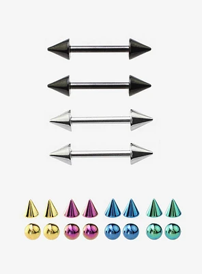 14G Steel Silver & Black Spike Nipple Barbell 4 Pack