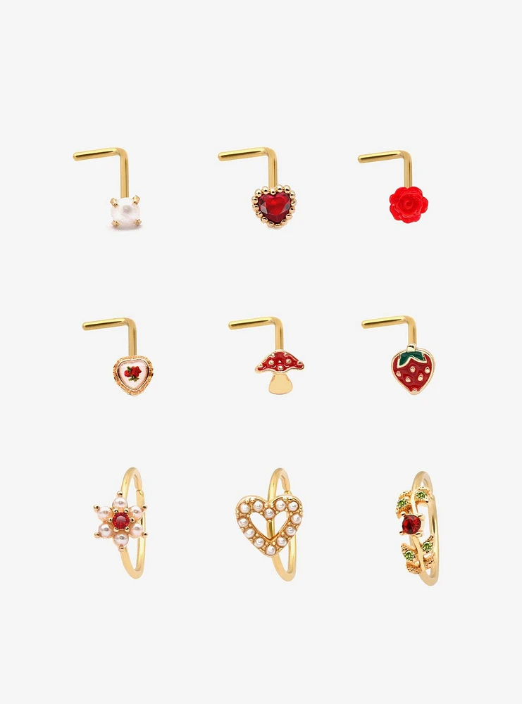 Steel Gold Heart & Strawberry Nose Stud Hoop 9 Pack